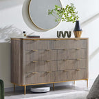 T4TREAM Fluted 9 Drawers Dresser, Modern Wooden Top Chest of Drawers with Curved Profile Design, Dresser TV Stand Drawer Organizers for Bedroom, Living Room, Hallway(Alder Grey)