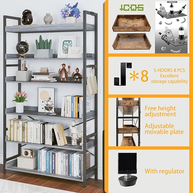 HCHQHS Bookshelf, Adjustable Industrial Bookcase, Vertical Tall Book Shelf, Wood and Black Metal Open Bookshelves for Home Office, Living Room, Bedroom (Grey, 6-Tier (31" W x 70" H))