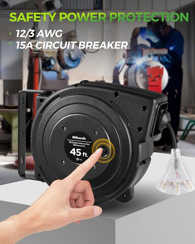 WILAWELS12 Gauge Retractable Extension Cord Reel, 45 FT 12AWG/3C SJTOW Heavy Duty Power Cord, 3 Grounded OutletsTriple Tap Cord Reel, Ceiling & Wall Mount, 15 Amp Circuit Breaker, UL Listed, H45CR06