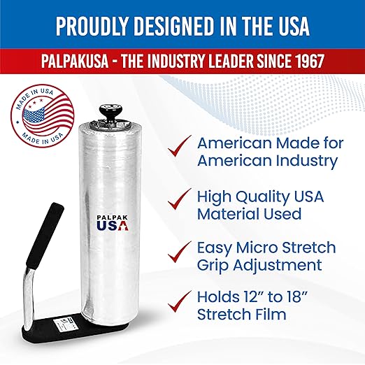 Made in USA! Industrial Strength Stretch Film Dispenser - Palpak100 Light Weight Pallet Wrapper – Tension Knob Adjustment Wrap Handle (1 Pack)