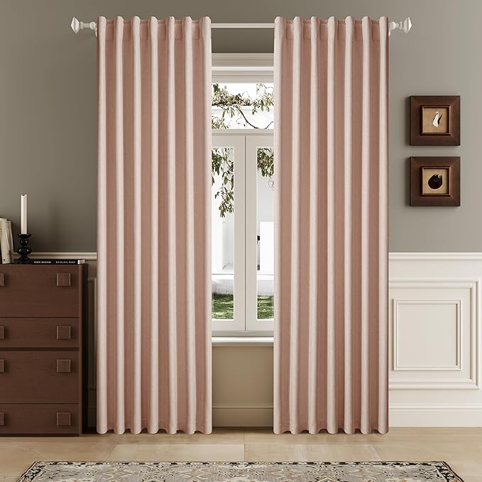 DUALIFE Faux Linen Blackout Baby Pink Curtains 80 Inch Long,Farmhouse Back Tab Rod Pocket Curtains Room Darkening Thermal Insulated Drapes for Bedroom Living Room,W50 x L80,2 Panels