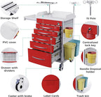 Medical Rolling Crash Cart with Integrated Medical Countertop -CPR Board, IV Pole, O2 Holder, Trash Bin, Silent Casters, Drawers with Dividers, Nursing Cart for Clinic, Hospital, Nursing Center