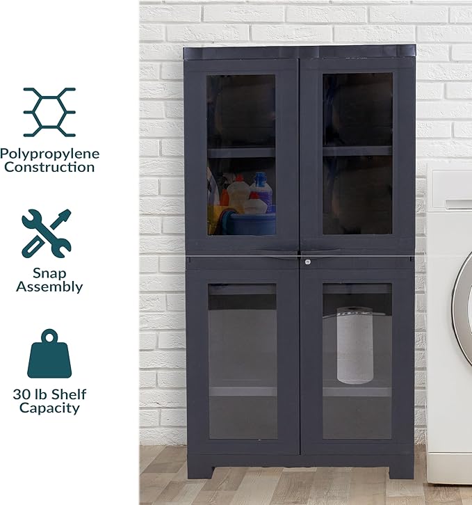 Sunnydaze Storage Cabinet with 4 Acrylic Glass Doors - Plastic Storage Cabinet - 48.75" H - Garage, Office, Home, Laundry Room