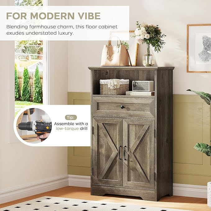 Floor Cabinet, Farmhouse Storage Cabinet with Barn Doors and Drawer, 11.81" D x 23.62" W x 39.37" H Grey Freestanding Adjustable Shelf Organizer for Bathroom, Kitchen, Living Room