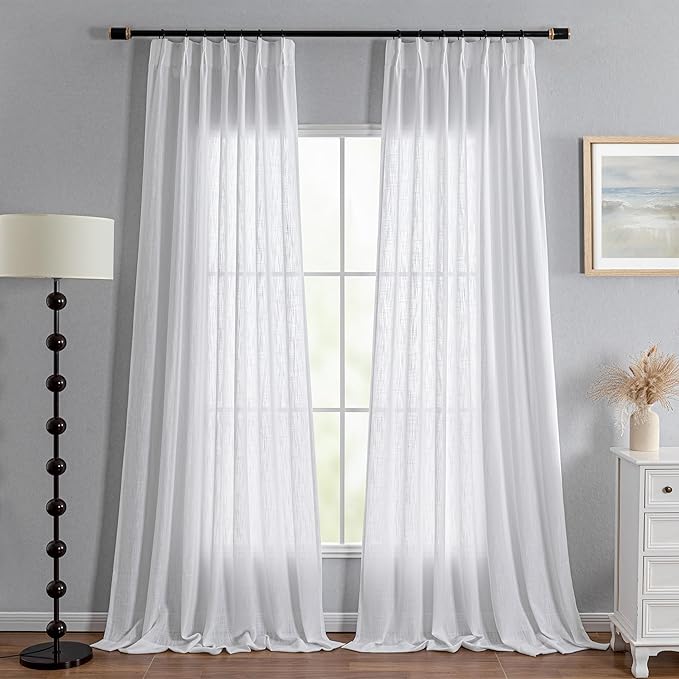 MYSKY HOME White Curtains 84 Inch Length 2 Panels Set, Semi Sheer Curtains for Bedroom Living Rooom Pinch Pleated Cotton Blend Soft Touch Light Filtering Drapes for Sliding Glass Door, 40 x 84 in