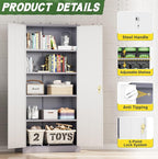 Greenvelly Metal Storage Cabinet,72” Metal Cabinet Storage with Doors and 4 Adjustable Shelves,Tall Storage Cabinet for Home,School,Gym(Grey White)