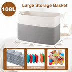 XXXL Supre Large Blanket Basket for Clothes, Towels, Pillows, 108L Cotton Rope Storage Basket for Living Room, Woven Toy Storage for Kids, 25" x 16" x 16", Grey and White