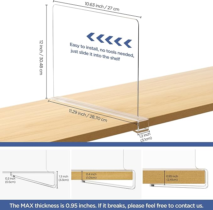 16 Pack 12 Inches [Extra Tall Version] Clear Shelf Dividers for Organization, Acrylic Closet Shelf Vertical Shelves Organizer for Bedroom, Kitchen and Office