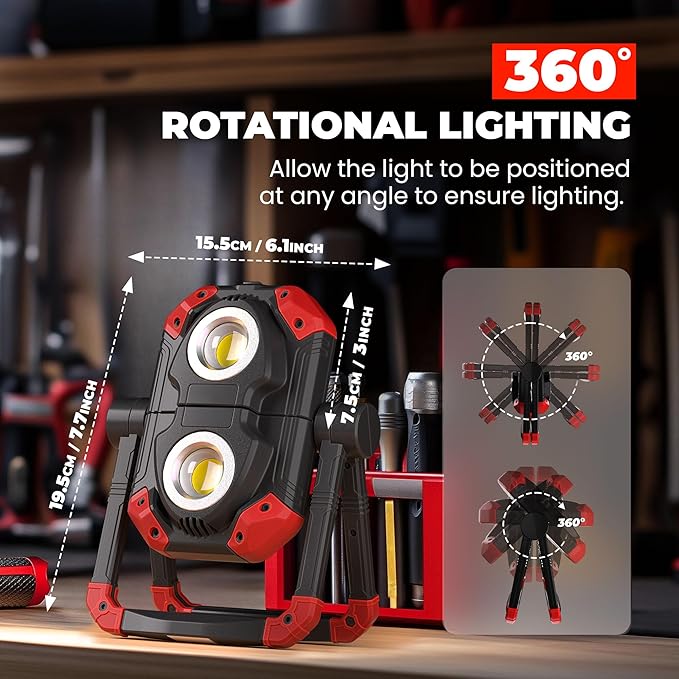 Yzoni 2 Pack LED Work Light Rechargeable, 2 COB 2500LM Folding Portable Flood Light with Magnetic Base and 360° Rotation Stand, Spotlights for Camping Car Repairing Emergency Job Site Lighting