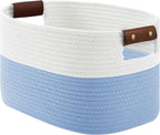 Cotton Rope Basket, Storage Baskets with Handle, 15x10x9 Inch Woven Basket for Shelves, Laundry, Towels, Clothes, Books (White/Blue 1Pack)
