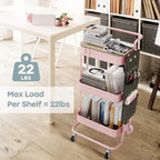 DTK 3-Tier Metal Utility Rolling Cart with Table Top and Side Bags, Art Craft Cart with 4 Hooks for Kitchen, Bathroom, Office, Living Room (Pink)