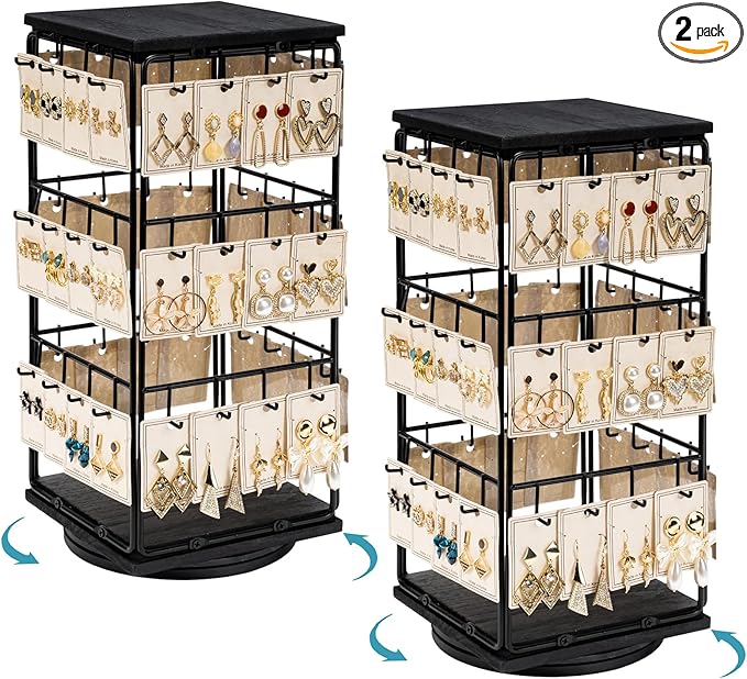 360 Rotating Earring Display Stands for Selling, Earring Rack Display Holder Stand, Jewelry Display for Selling Earring Cards, Necklaces, Rings, Bracelets, Hair Accessories (2 Pack)
