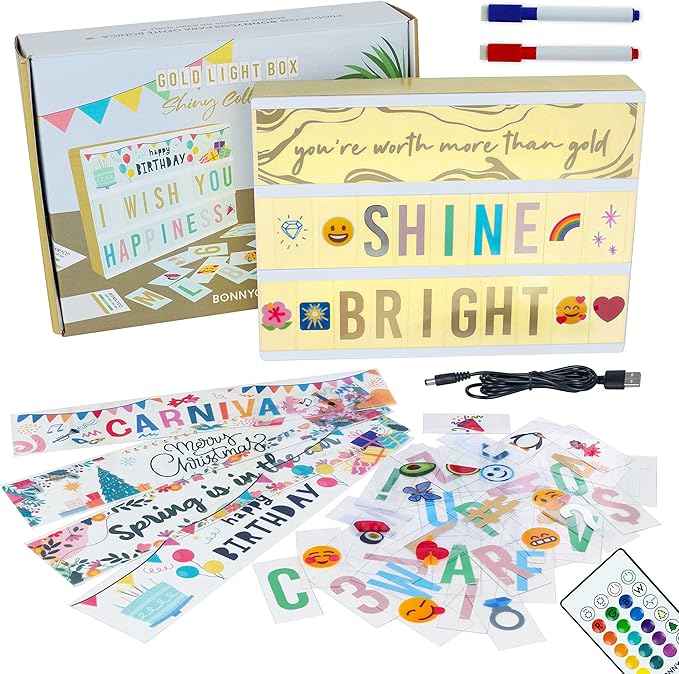 BONNYCO Cinema Light Box A4 Shiny Gold 16 Colors with 400 Letters, Emojis, 10 Premium Cards, Remote Control and 2 Markers. Led Light Up Sign, Novelty Gifts for Women. Gifts for Girls Christmas