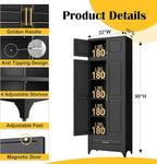 90" Kitchen Pantry Cabinet with Drawer, Metal Storage Cabinets with Doors and 4 Adjustable Shelves,Black Kitchen Cabinet with 2 Gold Handles,Food Cupboard for Livingroom,Pantry