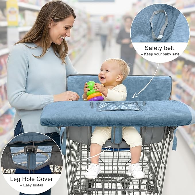 Muslin Shopping Cart Cover for Baby Soft & Breathable High Chair Covers for Restaurant Seat Grocery Cart Cover with Storage Pocket Machine Washable for Infant Toddler Boy and Girl, Blue