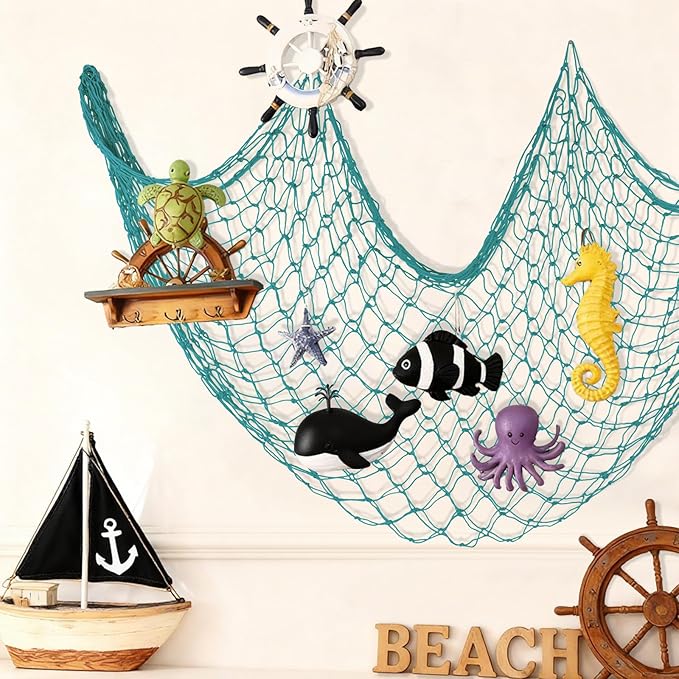 Decorative Fishing Net 80x40 Inch,Patioland Large Aqua Picture Fish Net, Wall Photo Hanging Fishnet for Nautical Mermaid Pirate Ocean Themed Hawaii Beach Under The Sea Party Decorations (1PCS)