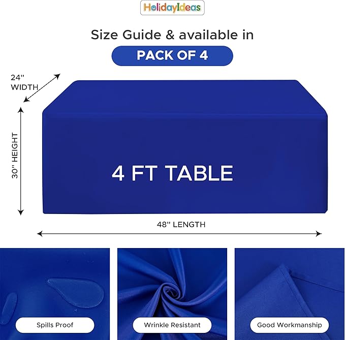 HolidayIdeas Fitted Tablecloths for 4 Foot Rectangle Table, Wrinkle Resistant Washable Table Cover 24x48 Inch for Vendor Booth Display, Banquet, Trade Show, Royal Blue, 4 Pcs