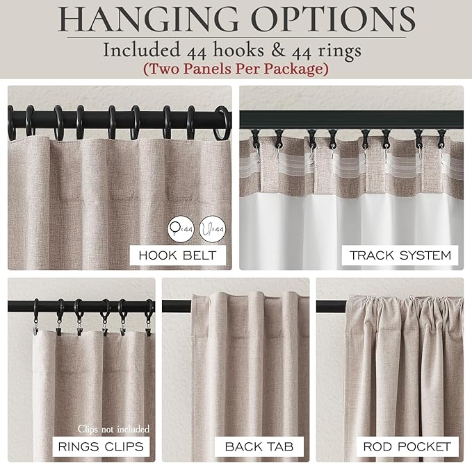 Extra Wide 60 Inch Blackout Curtains 96 Inches Long for Living Room, Rustic Boho Room Darkening Textured Linen Pleated Office Insulated Ceiling Track Large Window Drapes (60"W x 96"L 2 Panels Linen)