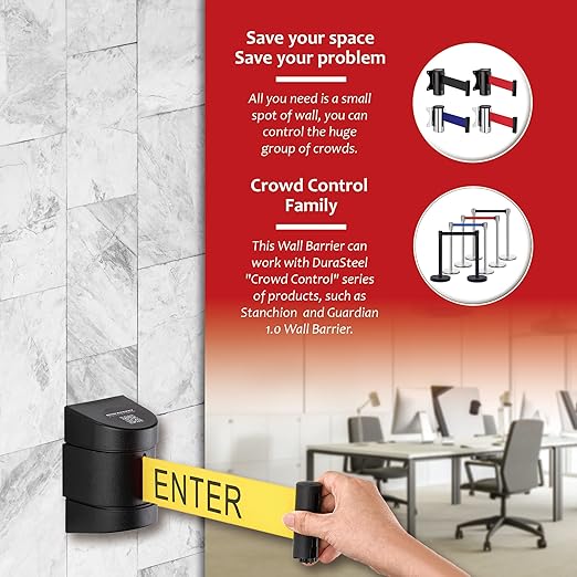 DuraSteel Wall Mount Crowd Control Retractable Belt Barrier - 9.2 Ft Yellow Do NOT Enter Retractables Barrier Belt w/Yellow ABS Casing Crowd Control Barriers Line NOT Stanchions with Retractable Belts