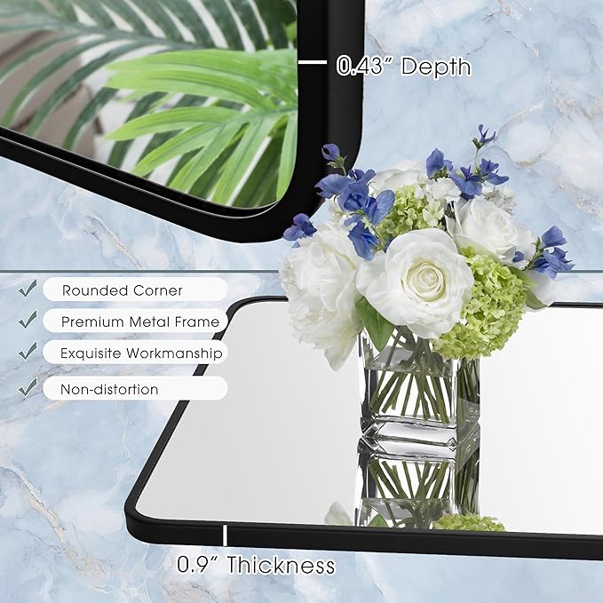 30x36 Inch Rectangle Bathroom Mirror with Black Metal Frame, Rounded Corner Rectangular Vanity Mirror for Wall, Modern Large for Bedroom, Living Room, Horizontal or Vertical