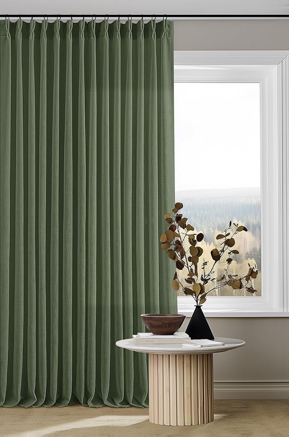 Thick Linen Olive Green Curtains 96 Inches Long for Living Room Bedroom Aesthetic Pinch Pleated Drapes with Hooks Rings Back Tab Light Filtering Ceiling Floor Custom Made Memory Trained Curtain Loden