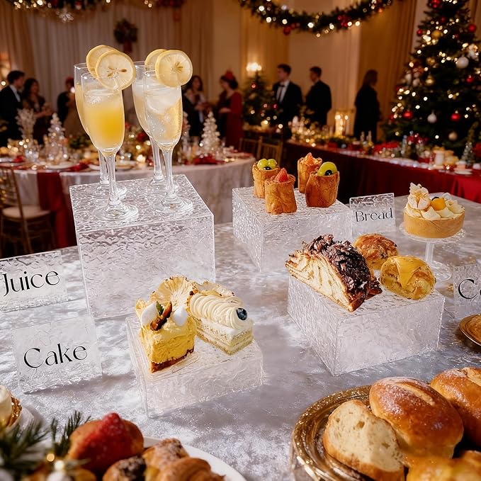 8PCS Buffet Risers Display Stands with 8PCS Mini Signs,Acrylic Cube Display Risers with Hollow Bottom, 2Sets (6, 6.5, 7, 8)" (Transparent, 2 Sets ( 6'',6.5'',7'',8'' ))
