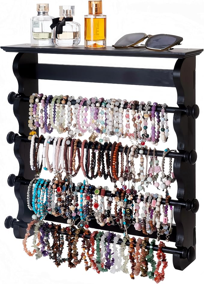 4-Tier Wall-Mounted Wooden Bracelet Holder – Black Jewelry Display with Storage Shelf, Hanging Organizer for Bracelets, Bangles, Watches, Necklaces & Accessories – Space-Saving Jewelry Rack for Home