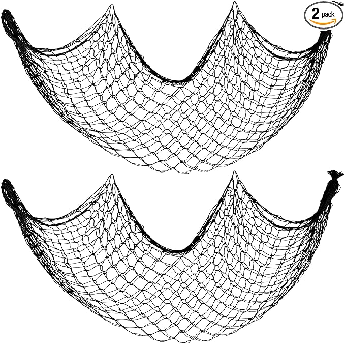 Decorative Fishing Net 2 Pack, 5x10 ft Large Black Fish Net Decor for Wall, Photo Display, Nautical Mermaid Pirate Ocean Themed Beach Hawaii Under The Sea Party Decorations