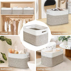 3 Pack Shelf Woven Storage Basket, 15 x 10 x 9” Closet Rope Baskets For Organizing, Square Bins with Handles, White+Rice Brown