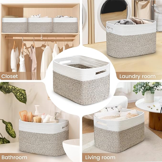 Shelf Woven Storage Basket, 15 x 10 x 9” Closet Rope Baskets For Organizing, Square Bins with Handles, White+Rice Brown 1 Pack