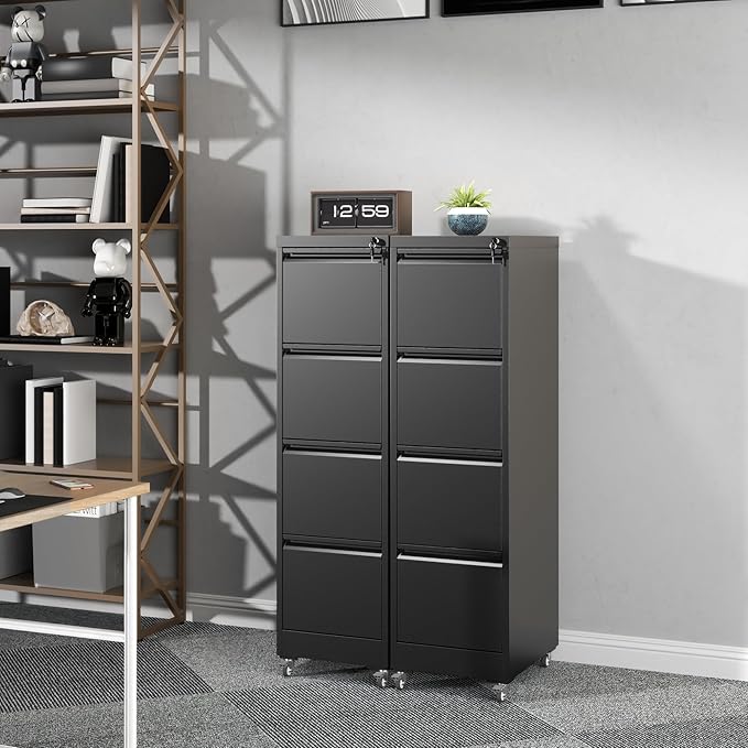 4-Drawer Mobile File Cabinet with Lock and Wheels, Tall Vertical Filing Cabinets Steel Rolling Storage Cabinet for Home Office Legal/Letter/A4 Files, Require Assembly (Black)
