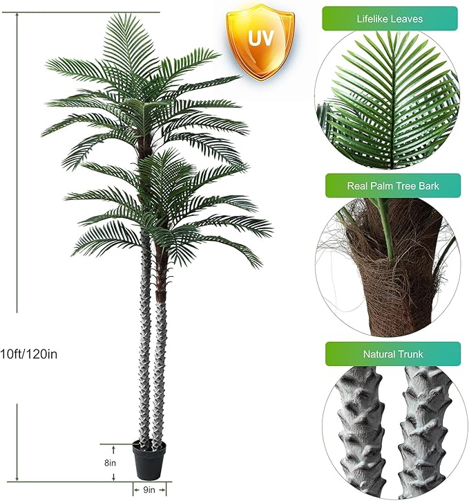 10ft Tall UV Resistant Faux Palm Tree, 120in Artificial Palm Tree Indoor Outdoor with Real Bark and Realistic Leaves and for Home House Office Living Room Yard Patio.