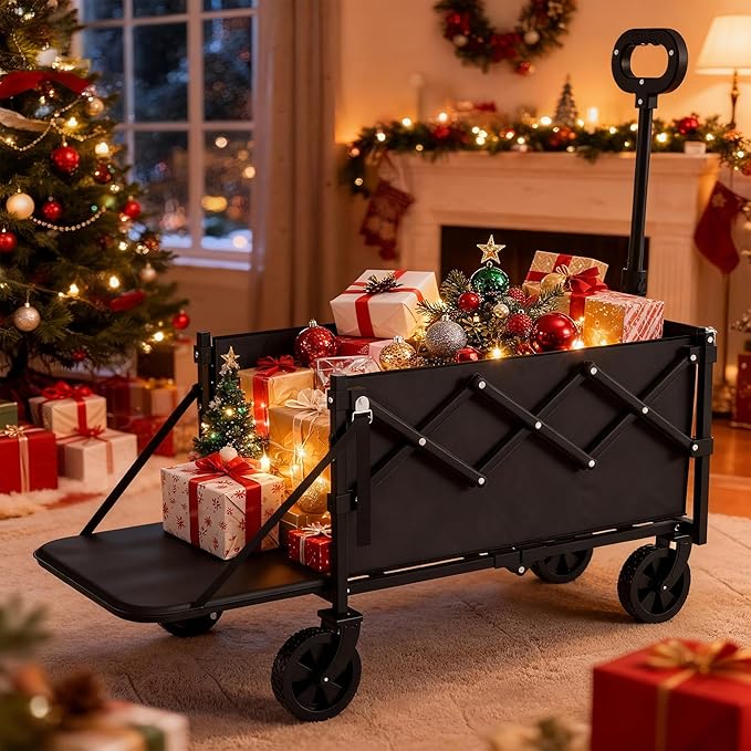Collapsible Wagon with Wheels, 350lbs Wagons Carts Foldable Wagon Cart with Expandable Storage 100L & Flexible Handle, Lightweight Portable Folding Utility Grocery Shopping Cart for Garden Camping