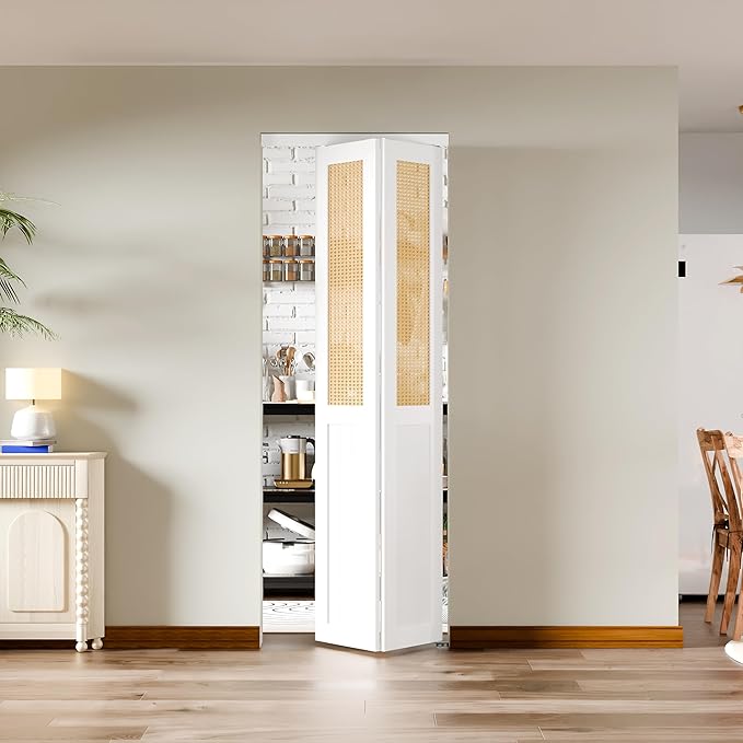 BARNER HOME Cane Bi-fold Doors - for 30in.x 80in.Door Opening, Webbing & Wood Folding Closet Doors with Hardware Kits, MDF, White Multifold Interior Doors