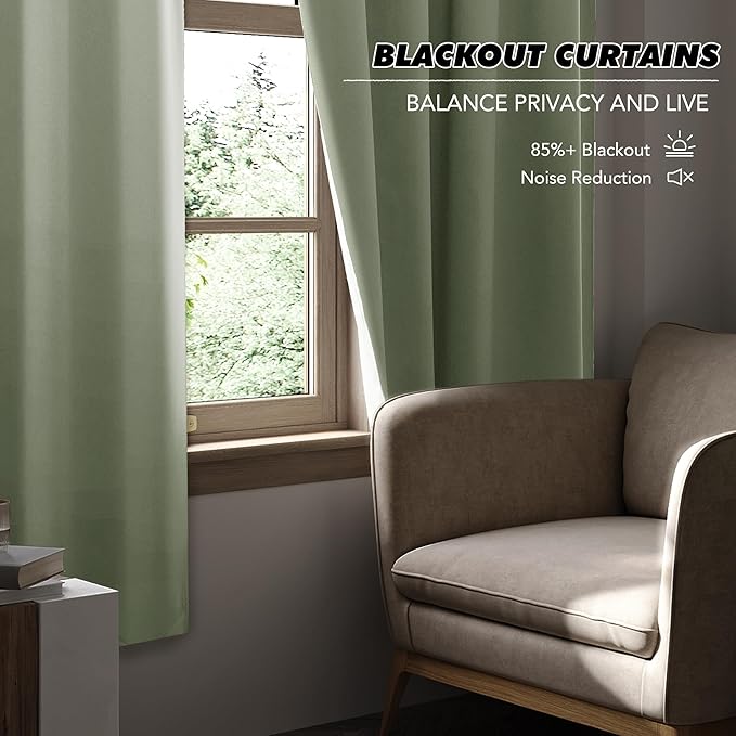 KGORGE Short Curtains 45 inch Length, Privacy Thermal Insulated Curtains Noise Reducing Window Drapes for Living Room Kitchen, Back Tab Rod Pocket, W52 x L45 inches, Sage Green, 2 Panels