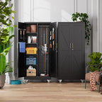 Aobabo Farmhouse Broom Closet Storage Cabinet,Lockable Garage Storage Cabinet with 4 Adjuatable Shelves,Required Assembly,Black,71.06''H*31.5''W*15.75''D