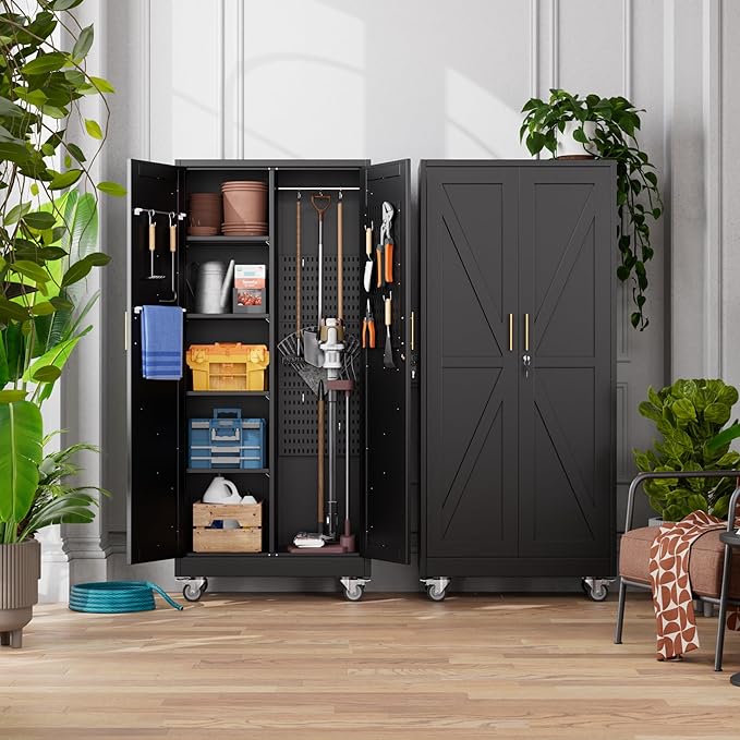 31.5 in Wide Garage Storage Cabinet, Metal Tool Cabinet with 4 Adjustable Shelves, Garage Storage System with Lockable Door for Offices, Gyms and Pantries, Black