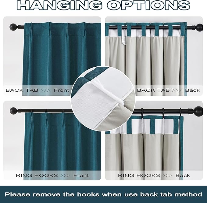 DUALIFE Dark Teal Blue Pinch Pleated Blackout Curtains 96 Inches Long, Back Tab with Hooks, Linen Full Black Out Thermal Insulated Track Curtain for Bedroom Living Room,40 Wx96 L, 2 Panels