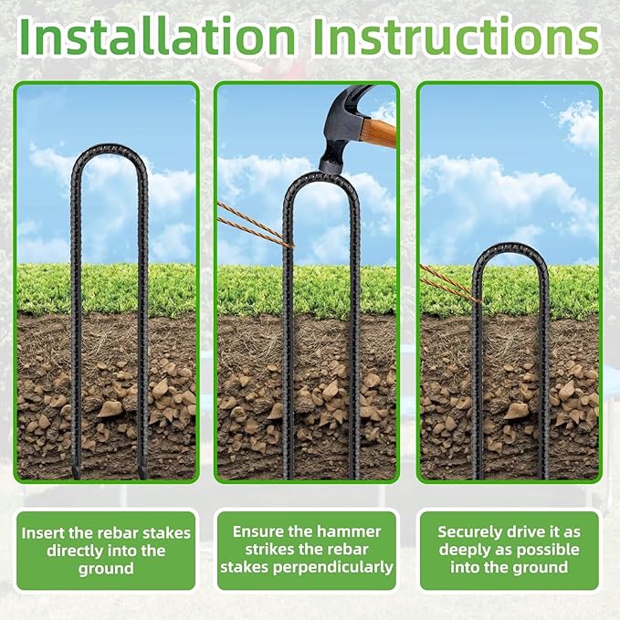 Rebar U Stakes 12 Inch - 16 Pack Black Galvanized Steel Heavy Duty Ground Anchors for Trampoline,Tent,Tarp,Soccer Goal,Garden Stake & Yard Art