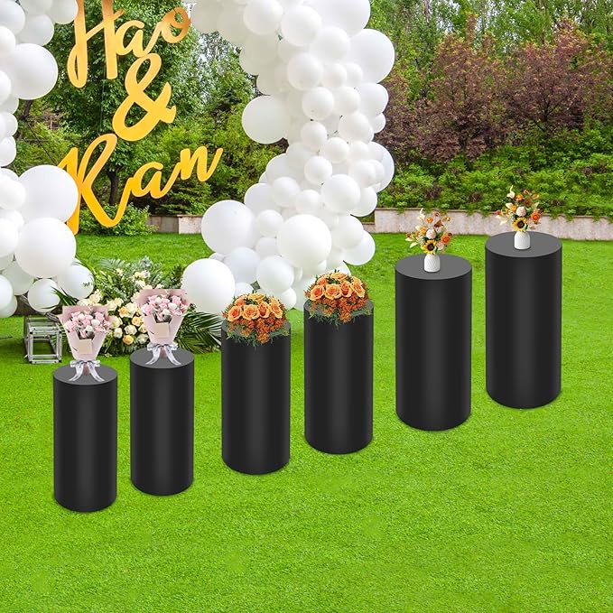 OUKANING 6 PCS Metal Display Pedestal Stands, Black Cylinder Display Stands Pillars, Decoration Cube Sculpture Display Column for Wedding Party Baby Shower Birthday, H27.56'', 26'', 23.62''