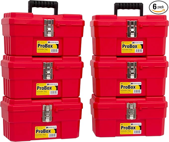 Akro-Mils 09514 ProBox 14-Inch Plastic Toolbox for Tools, Hobby or Craft Storage Toolbox with Removable Tray, 14-Inch x 8-Inch x 8-Inch, Red, 6-Pack