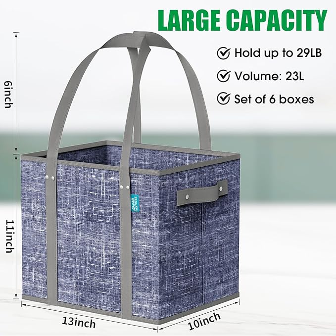 Fab totes Reusable Grocery Bags, Large Foldable Shopping Tote Bags with Reinforced Handles & Hard Bottom, Heavy Duty Water Resistant Shopping Grocery Bags for kitchen,Picnic,6 Pack,Blue