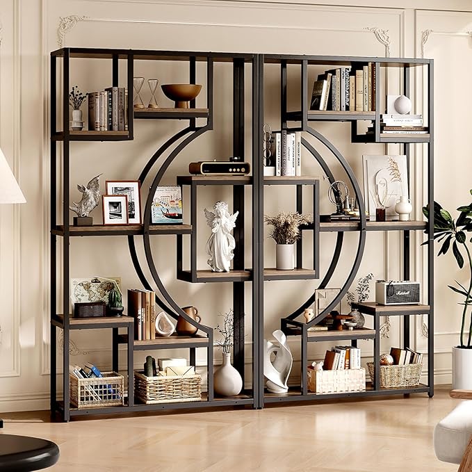 70.8" Tall Bookshelf Set of 2, 79" Wide Geometric Display Shelf with 18 Open Storage Shelves, Scratch-Resistant Gray Wash & Metal Frame, for Living Room, Office, Bedroom – Anti-Tip & Adjustable Feet