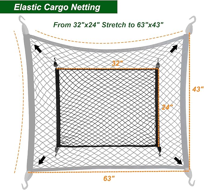 Elastic Cargo Net for SUV, Trunk Net with Hook, Car Net for Trailer, Truck Bed Netting Cover Storage,32" X 24" Stretch to 63"X43" for Universal Organizer, Luggage Cover