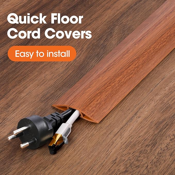 10 FT Floor Cord Cover, Cord Covers for Wires on Floor, Cord Protector, Floor Cable Cover, Hide Extension Cord Covers for Floor, Cable Cavity: 0.47" (W) x 0.29" (H) - Brown