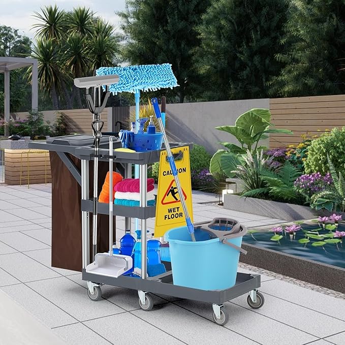 3 - Shelf Heavy - Duty Commercial Janitorial Cart with Wheels - 16 - Gallon Trash Bag Included, 220 Lbs Capacity, Perfect for Hotels, Schools, Apartments and More