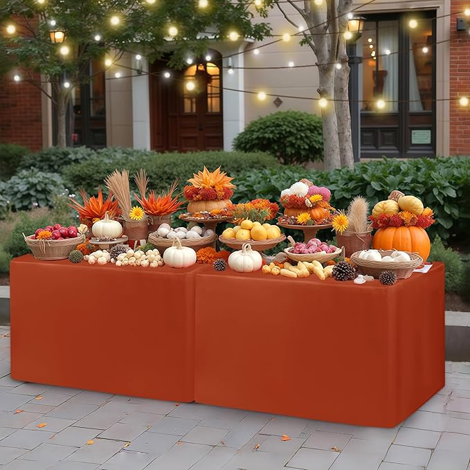 HolidayIdeas 4 Pack Fitted Tablecloth for 6ft Tables, Rust Table Cover for Christmas Vendor Booth Display, Market Stall, Craft Fair, Fall Festival, Wrinkle Resistant with Professional 4-Sided Coverage