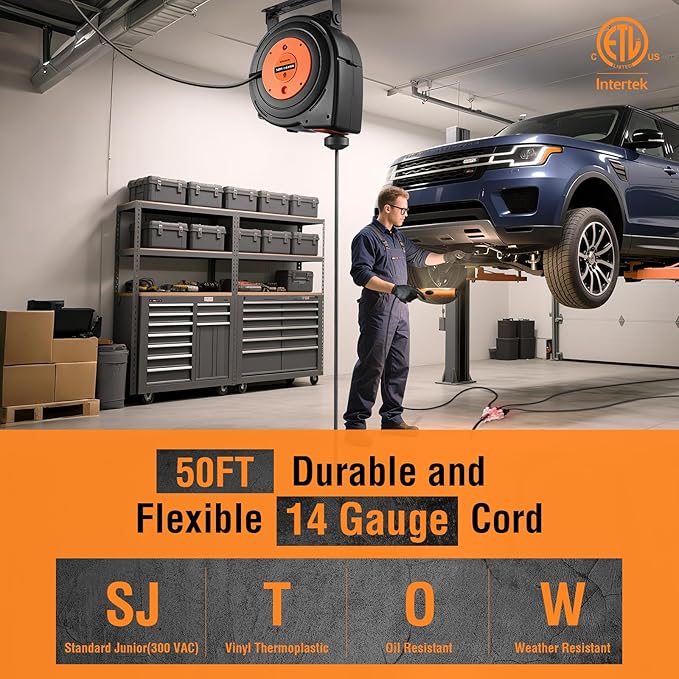 SURAIELEC 50FT Retractable Extension Cord Reel, 14AWG/3C SJTOW Heavy Duty Power Cord with Lighted Triple Tap, 13A Circuit Breaker, Ceiling/Wall Mount for Garage, Shop, Workshop, ETL Listed, Orange