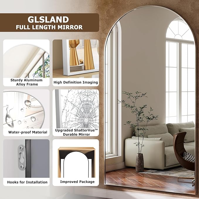 GLSLAND-30x71 inch Wall Mount Arched Full Length Mirror-Aluminum Alloy Frame High Definition-Full Body Mirror for Bedroom or Living Room,Silver