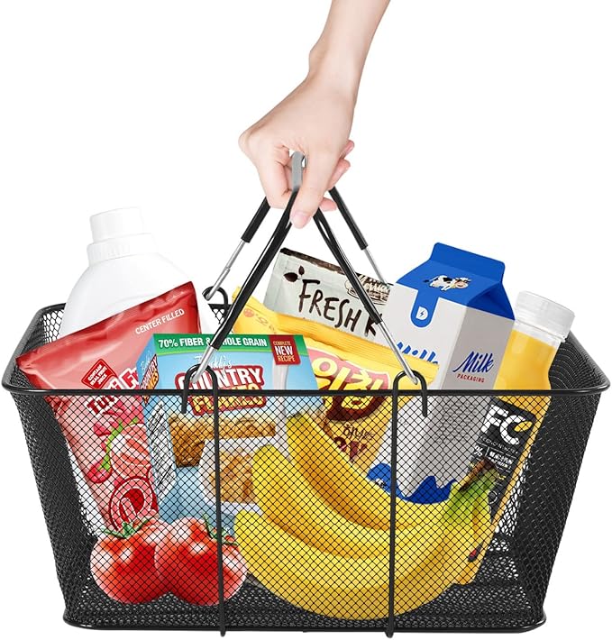 Set of 12 Shopping Baskets with Handles, Portable Black Metal Shopping Basket 15.7" x 12" x 7" Wire Mesh shopping Basket with Stand for Retail Stores Supermarket Grocery
